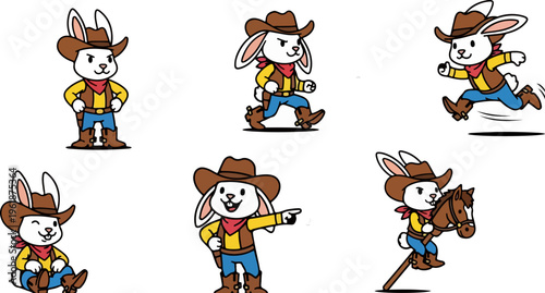 Cartoon cowboy rabbit character set, cute bunny sheriff mascot in various poses, western hare vector collection with 6 elements for children design