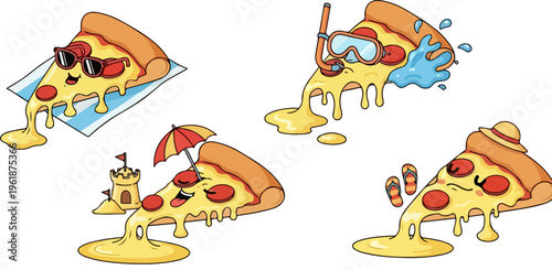 Cartoon pizza slice summer vacation vector set, funny pepperoni pizza characters at the beach, 4 melting cheese pizza icons with sunglasses and snorkel