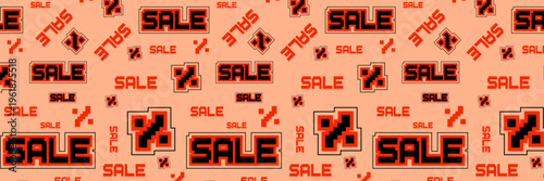 Sale Percentage Outline Icon Seamless Pattern on Pixel style - Seamless Vector Background for Shopping, Promotion, and E-commerce Designs. Wallpaper for Shop, Tax and Offer.	