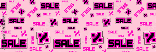 Sale Percentage Outline Icon Seamless Pattern on Pixel style - Seamless Vector Background for Shopping, Promotion, and E-commerce Designs. Wallpaper for Shop, Tax and Offer.	