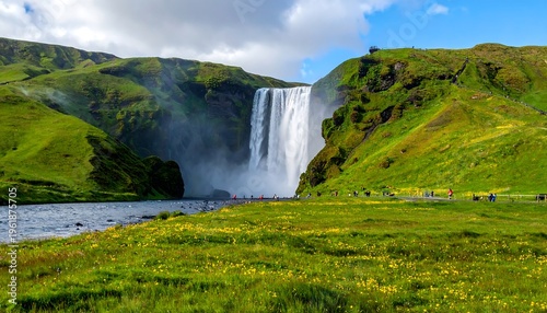 Stunning waterfall cascades down lush green hillside, creating breathtaking natural scene