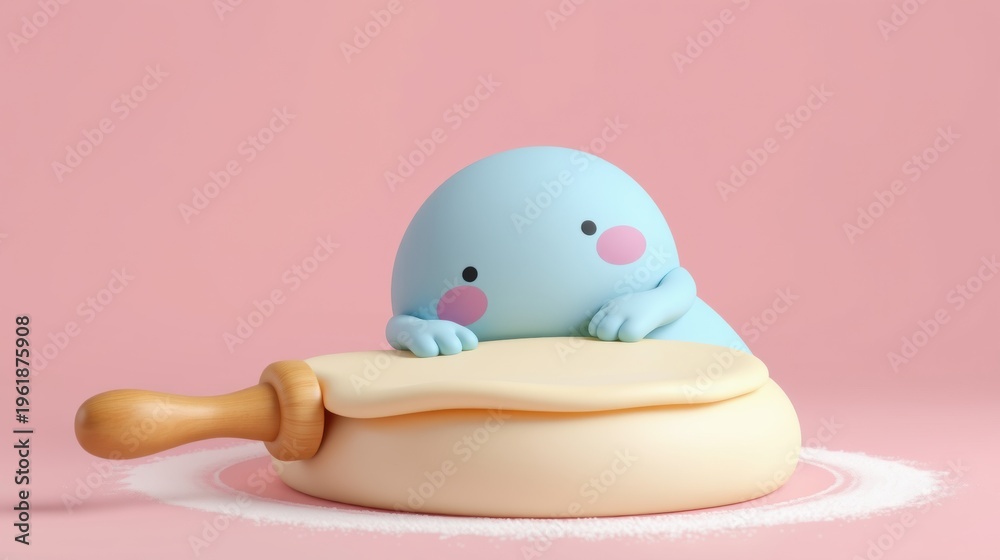 Fototapeta premium Cute blue creature peeks over dough. Rolling pin rests nearby, dusted with flour. Soft colors, playful scene.