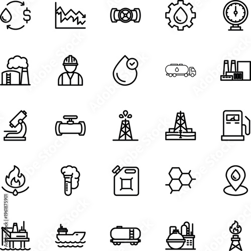 Oil gas petroleum industry line icon set rig refinery tanker station