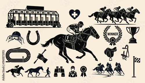 Vintage horse race elements with jockey and derby equipment