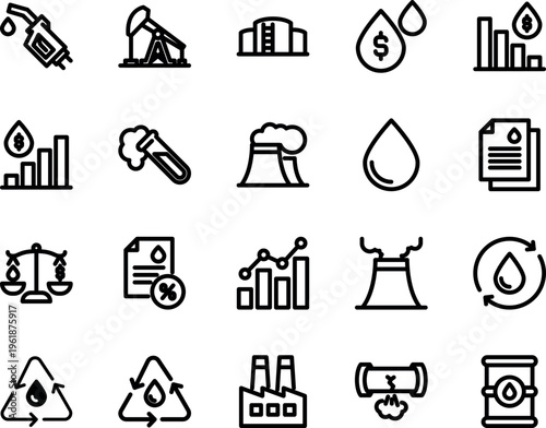 Oil gas energy industry line icon set oil rig fuel pump barrel refinery