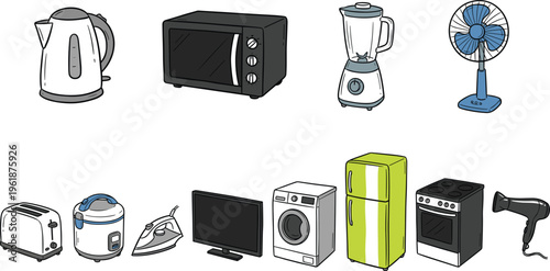 Colorful hand drawn vector illustration set featuring essential household appliances including microwave refrigerator washing machine and television.
