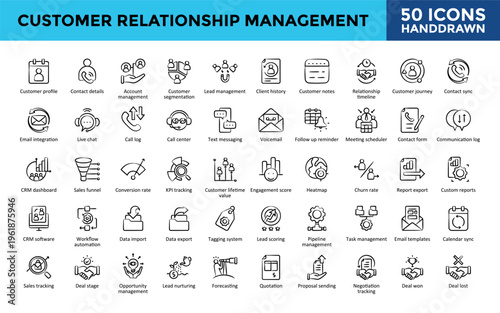 Customer Relationship Management icons set with customer profile, contact details, account management, customer segmentation, lead management, relationship timeline icon. Simple hand drawn vector 
