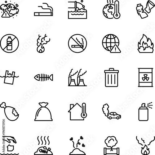 Environmental pollution line vector icon set factory smoke global warming waste