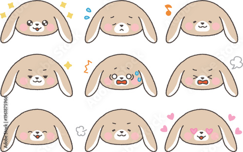 たれみみうさぎの顔アイコン　コミカル表情セット　線あり