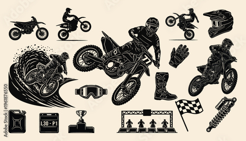 Motocross Racing Sticker Set and Dirt Bike Vector Graphics