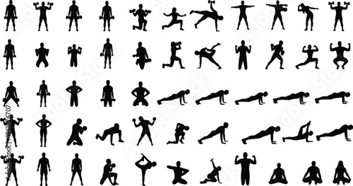Black silhouette illustration showing diverse human figures performing exercises including running, stretching, yoga, weightlifting, and push-ups, representing fitness, training, and workout artwork
