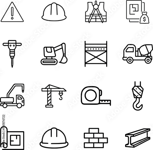 Construction building line icon set hard hat crane excavator blueprint