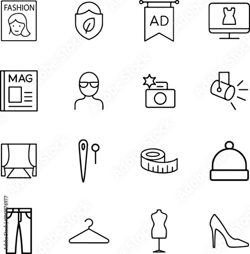 Fashion design photography studio line vector icon set magazine camera mannequin highheels