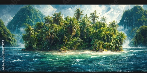 Small lush tropical island with dense green foliage surrounded by calm deep blue ocean under clear sky. Generative by AI.