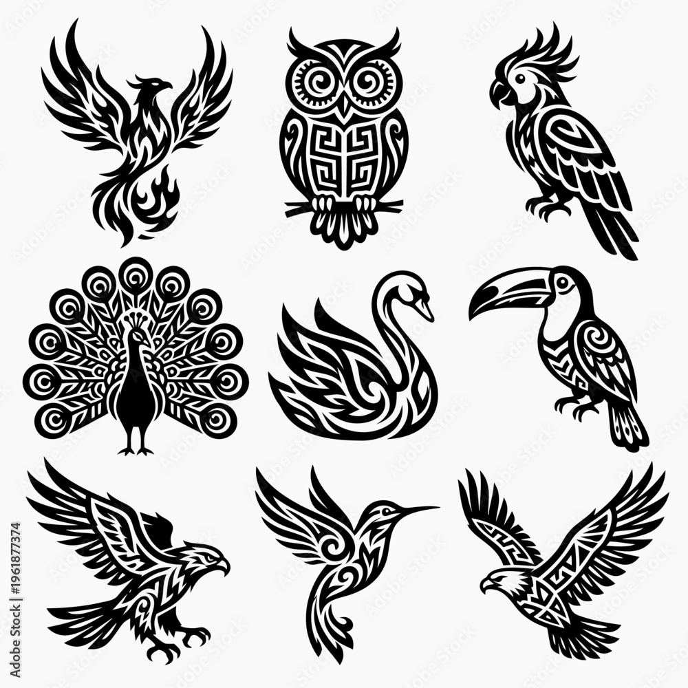 Fototapeta premium Tribal Bird Vector Icon Set featuring Phoenix Owl Peacock Swan and Eagle for Branding Logo Design Tattoo Flash and Apparel Graphics