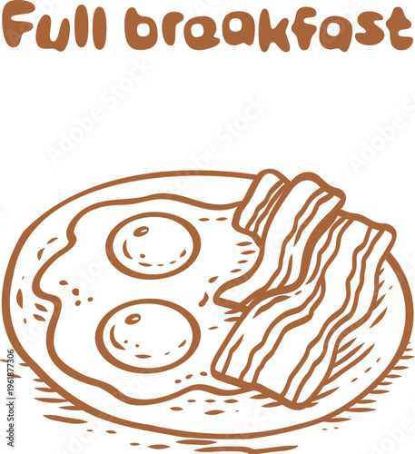 Plate with fried eggs and crispy bacon full breakfast illustration in warm brown line style, perfect for menu design, food blog