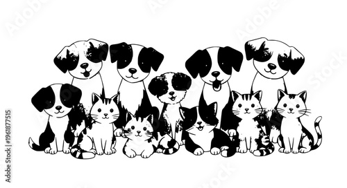 Cute dogs and cats group watercolor illustration with friendly pets sitting together isolated on white background