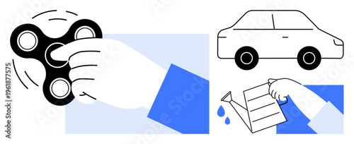 Relaxation tools, concentration aids, hobbies, movement, everyday objects, transportation. Hand spinning a fidget spinner, pouring liquid and a car. Relaxation tools and concentration aids