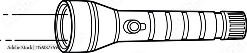 Black and white flashlight line drawing with cylindrical body, textured grip, lens detail, light beam illustration, tool design artwork, flat vector illustration
