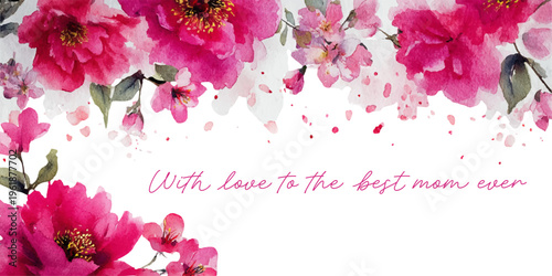 Happy Mother's Day poster featuring watercolor peony bouquet, floral frame background ideal for mom greeting cards, spring celebration invitations and feminine gifts.