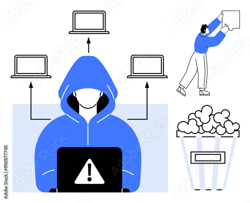 Cybersecurity threat. A hacker targets connected devices to exploit vulnerabilities. Cybersecurity requires data protection, threat prevention, and vigilance. For IT, risk management, and digital