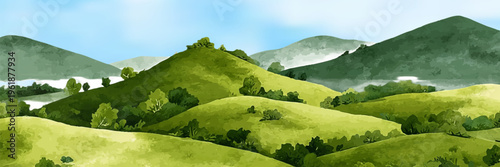 Green grass field landscape with rolling hills under blue sky. Watercolor spring meadow scenery with trees and mountains in background illustration.