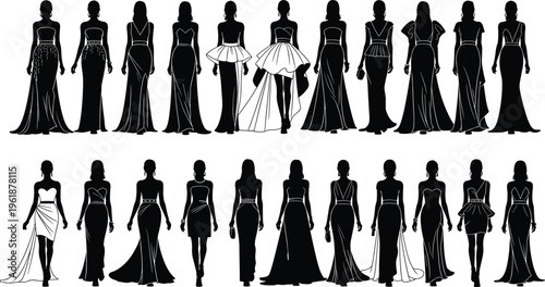 Vector illustration of fashion model silhouettes in diverse evening gowns and dresses, symbolizing style, elegance, couture, and formalwear design concepts