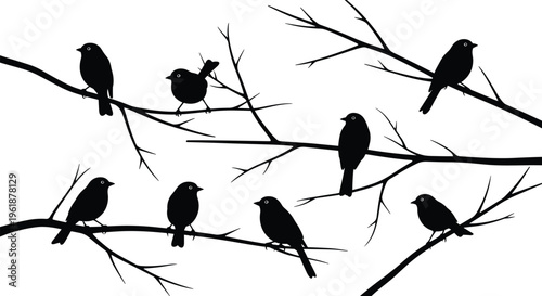 Black bird silhouettes perched on bare tree branches, minimalistic nature design, wildlife composition, elegant contrast artwork, natural symbol, flat vector illustration