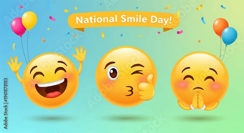 Smiling emojis celebrate national smile day with colorful balloons and confetti on a vibrant background