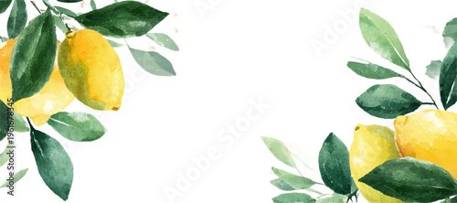 Summer watercolor pattern showcasing vibrant lemons and Mediterranean fruit. Italian-inspired illustration with citrus borders, ideal for posters, cards, and decorative backgrounds.