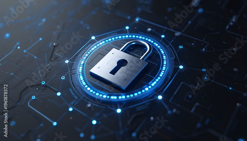 A silver padlock is secured in the center of a blue glowing circle on a dark circuit board background