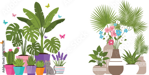 Indoor houseplants collection with tropical plants, flowers, pots and home decor elements for interior design flat vector illustration set