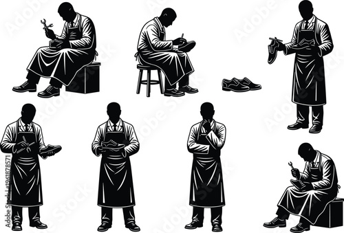 Vector illustration of cobbler silhouettes engaged in shoe repair and craftsmanship, including sewing, hammering, inspecting, and polishing footwear, symbolizing artisan skill and traditional trade