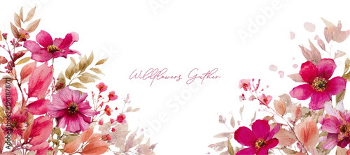 Watercolor bouquet of pink wildflowers and warm foliage forming an elegant botanical frame on white, with decorative wildflowers gather text for invitations and cards