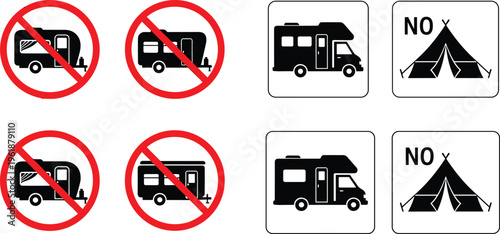 Camping prohibition sign illustration set, trailer and tent restriction icons with motorhome permission symbols representing outdoor safety theme - flat vector illustration