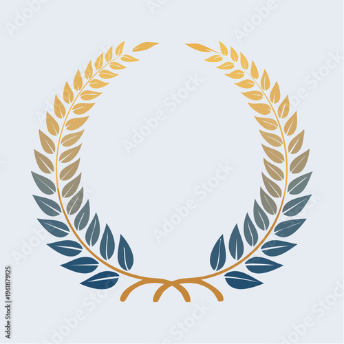 Laurel wreath graphic, gold and teal leaves on light blue background
