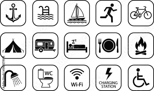 Campsite amenities illustration set, recreational icons with tent, caravan, dining, swimming, cycling and accessibility representing outdoor theme - flat vector illustration