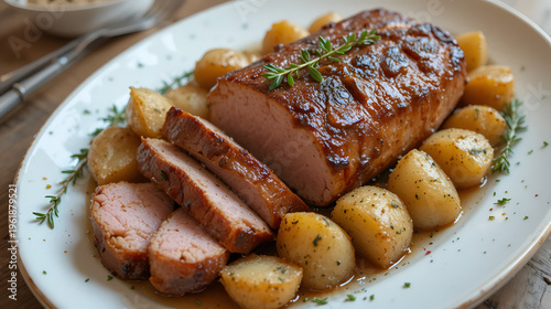 Roasted pork tenderloin with potatoes and herbs.