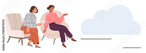 Communication, collaboration, work discussion, psychology, social interaction, teamwork. Two women seated on chairs engaged in conversation, gesturing and listening. Communication and collaboration