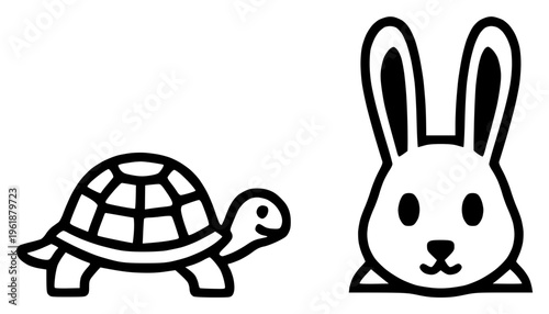 Cartoon illustration of a turtle and a rabbit facing each other, representing a race or competition