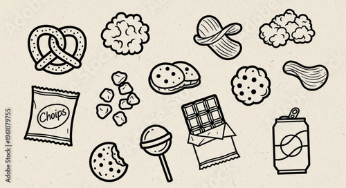 Hand-drawn assortment of snacks and sweets, including pretzels, cookies, chips, chocolate, and soda.
