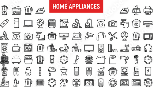 Comprehensive vector icon set featuring over eighty black and white line icons representing various household electronic appliances.