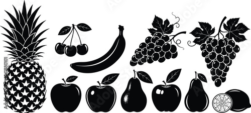 Vector illustration of fruit silhouettes including pineapple, cherries, bananas, grapes, apples, pears, and citrus slice, symbolizing healthy food, nutrition, and natural produce concepts
