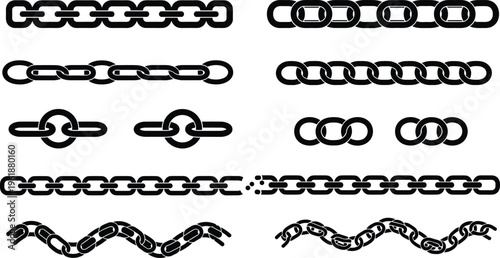 Chain link illustration set, decorative icons with straight, broken and wavy chains representing strength and connection theme - flat vector illustration
