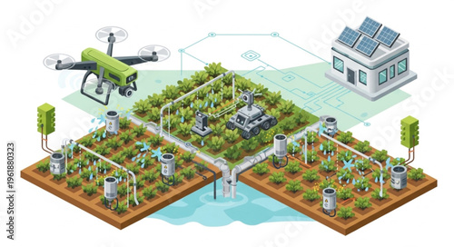 Isometric Smart Farm with Drone, Sensors, and Solar Powered Building.