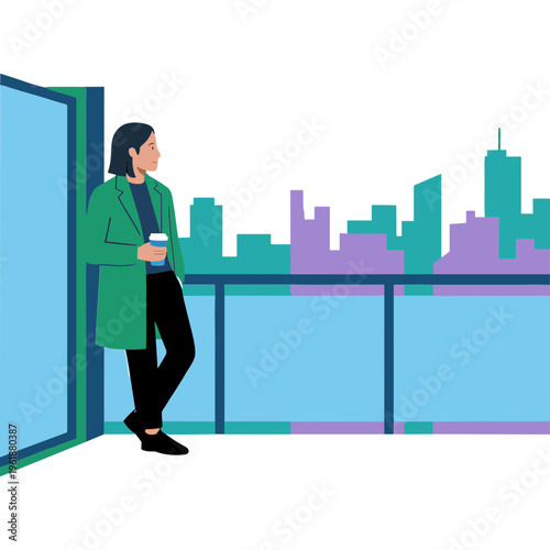 Businesswoman stands on office balcony overlooking cityscape at dusk