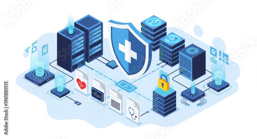 Isometric Illustration of Healthcare Data Security and Protection.