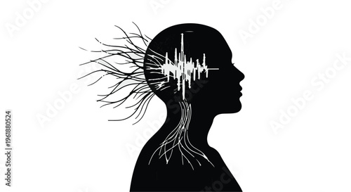 Abstract silhouette of a human head with sound waves and neural network visualization, representing audio, mind, or thoughts.