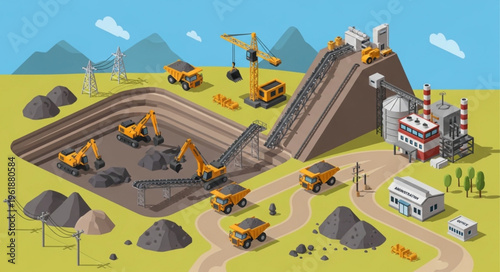 Isometric Open-Pit Mining Operation with Heavy Machinery and Processing Plant.