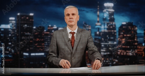 Photos Professional Anchor Conducts Live Broadcast Focused on Global Instability and Diplomatic Confrontations
